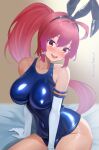  1girl ahoge animal_ears blush breasts dorachan_r elbow_gloves fake_animal_ears gloves hair_ribbon highres i-168_(kancolle) indoors kantai_collection long_hair looking_at_viewer one-piece_swimsuit open_mouth ponytail rabbit_ears red_eyes red_hair ribbon school_swimsuit shiny_swimsuit sitting smile solo swimsuit 