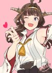 1girl absurdres ahoge armpits breasts brown_hair detached_sleeves double_bun fuminomino hair_bun hairband headgear heart highres japanese_clothes kantai_collection kongou_(kancolle) kongou_kai_ni_(kancolle) long_hair medium_breasts nontraditional_miko one_eye_closed open_mouth pink_background purple_eyes ribbon-trimmed_sleeves ribbon_trim solo upper_body 