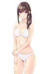  1girl absurdres bikini blue_eyes brown_hair collarbone commentary_request cowboy_shot flat_chest hair_over_shoulder highres long_hair marui_koishi navel original sidelocks simple_background solo standing swimsuit white_background white_bikini 