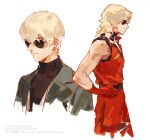  2boys artist_name black_shirt blonde_hair blue_eyes commentary english_text gloves green_jacket gundam gundam_gquuuuuux hashtag-only_commentary jacket kalak_39 long_sleeves male_focus mixed-language_text multiple_boys pixiv_id quattro_bajeena shirouzu_(gundam) shirt short_hair simple_background sleeveless sunglasses turtleneck twitter_username white_background zeta_gundam 