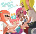 3girls ^_^ anniversary bike_shorts black_shorts blonde_hair blue_shoes boots braid cake candle closed_eyes commentary_request confetti copyright_name dark-skinned_female dark_skin eyebrow_cut fangs food full_body grey_boots grin hand_on_own_cheek hand_on_own_face high_tops highres holding holding_plate inkling inkling_girl inkling_player_character multiple_girls open_mouth orange_hair pink_eyes pink_hair pink_shoes plate pointy_ears puchiman shirt shoes short_hair short_sleeves shorts signature single_braid sitting smile sneakers splatoon_(series) splatoon_1 splatoon_2 splatoon_3 t-shirt tank_top tentacle_hair white_background white_shirt white_tank_top yellow_eyes 