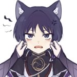  1boy anger_vein animal_ear_fluff animal_ears annoyed black_bodysuit black_kimono black_sleeves blunt_ends bodysuit bridal_gauntlets cat_ears cheek_pull eyeliner eyeshadow fangs female_pov genshin_impact gold hair_intakes hands_on_another&#039;s_face japanese_clothes jewelry kimono layered_sleeves lillii_nya looking_at_viewer makeup mother_and_son neck_ring open_clothes open_kimono open_mouth pov purple_bridal_gauntlets purple_hair purple_nails purple_rope purple_sleeves raiden_shogun red_eyeliner red_eyeshadow red_kimono rope scaramouche_(genshin_impact) shimenawa short_sleeves white_background white_kimono white_rope wispy_bangs 