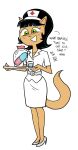 2025 anthro black_hair clothing dated dbaru dialogue domestic_cat drugs english_text felid feline felis female footwear fur green_eyes hair hat headgear headwear hi_res high_heels holding_tray kitty_katswell mammal nickelodeon nurse nurse_clothing nurse_hat nurse_headwear nurse_uniform pills shoes simple_background solo t.u.f.f._puppy tan_body tan_fur text uniform white_background white_clothing