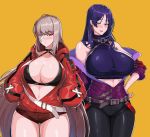  2girls alternate_costume bandaged_head bandages belt bikini bikini_top black_pants breasts brown_hair character_request cleavage collared_shirt crop_top drogod earrings eyebrows_visible_through_hair fate/grand_order fate_(series) florence_nightingale_(fate/grand_order) hand_on_hip hands_in_pockets hoop_earrings huge_breasts jacket jewelry long_hair looking_down minamoto_no_raikou_(fate/grand_order) multiple_girls off-shoulder_jacket one_eye_covered open_clothes open_jacket pants parted_lips purple_eyes purple_hair purple_shirt red_eyes shirt single_earring swimsuit symbol_commentary thick_thighs thigh_gap thighs very_long_hair 