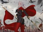  absurdres ass axe bird blue_eyes breasts cape cloud cloudy_sky crow eagle eagle_union_(emblem) edelgard_von_hresvelg fire_emblem fire_emblem:_three_houses flag gloves grey_background hair_ribbon highres looking_at_viewer quatthro red_cape ribbon sky sword uniform weapon white_gloves white_hair 