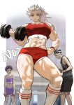  1boy 2girls abs absurdres alternate_costume alternate_hairstyle breasts character_name commentary dorohedoro drooling dumbbell ear_piercing earrings ebisu_(dorohedoro) exercising from_below fujita_(dorohedoro) gym_shorts highres holding holding_dumbbell jewelry korean_commentary large_breasts long_hair looking_at_viewer looking_down multicolored_hair multiple_girls muscular muscular_female noi_(dorohedoro) park_ongjol piercing red_eyes shorts two-tone_hair white_hair 