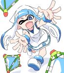  1girl ;d anbe_masahiro ankle_boots anklet blue_eyes blue_hair boots bracelet bright_pupils cosplay dress fang full_body hat highres ikamusume ikamusume_(cosplay) inkling inkling_girl inkling_player_character jewelry long_hair looking_at_viewer one_eye_closed open_mouth outstretched_arms pointy_ears shinryaku!_ikamusume skin_fang sleeveless sleeveless_dress smile solo splat_bomb_(splatoon) splatoon_(series) splatoon_1 squid_hat standing tentacle_hair white_background white_boots white_dress white_hat white_pupils 