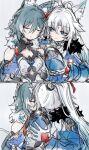  2girls animal_ears breasts feixiao_(honkai:_star_rail) fud green_hair highres honkai:_star_rail honkai_(series) kiss long_hair medium_breasts multiple_girls simple_background very_long_hair white_background white_hair yukong_(honkai:_star_rail) yuri 