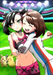  &gt;_&lt; 2girls :d ^_^ asymmetrical_bangs asymmetrical_hair bangs bare_shoulders black_choker black_gloves black_hair black_sports_bra blush bob_cut breasts brown_hair choker cleavage closed_eyes collarbone commentary_request cowboy_shot dynamax_band earrings eyebrows_visible_through_hair frown gen_1_pokemon gen_8_pokemon gloria_(pokemon) gloves green_eyes groin gym_challenge_uniform hair_between_eyes hair_ribbon hands_on_another&#039;s_shoulders holding holding_poke_ball hug jewelry lights long_sleeves looking_to_the_side marnie_(pokemon) medium_breasts medium_hair midriff morpeko multiple_girls nabe_saori navel number open_mouth pants pikachu pink_pants poke_ball poke_ball_(basic) pokemon pokemon_(creature) pokemon_(game) pokemon_swsh red_ribbon ribbon shirt short_hair shorts sidelocks single_glove smile sports_bra stadium standing swept_bangs tight tight_pants twintails undercut white_shirt white_shorts 