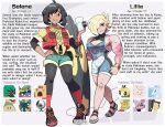  2girls aged_up alolan_muk alolan_ninetales anchor antennae bat_(animal) beak bird black_hair black_skin blonde_hair clefable closed_mouth colored_skin comfey decidueye dhelmise english_text extra_mouth fangs feathers feet flower fox full_body granbull green_eyes green_shorts green_skin highres holding juno_son kettlebell lillie_(pokemon) lunala mawile mimikyu multicolored_skin multiple_girls muscular muscular_female open_mouth owl palossand pokemon pokemon_(creature) pokemon_sm red_eyes red_flower ribombee sand_castle sand_sculpture sandals seaweed selene_(pokemon) sharp_teeth ship&#039;s_wheel shirt short_hair short_sleeves shorts shortstack simple_background sleeveless sports_sandals standing surfboard teeth toes two-tone_skin white_background yellow_shirt 