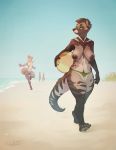 4_toes 5_fingers anthro areola beach breasts canid canine casual_exposure civet clothed clothing day detailed_background female fingers fox hi_res kalahari mammal nipples outside sand seaside shoreline sky smile toes topless viverrid water 