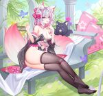  1girl :p absurdres animal_ear_fluff animal_ears armpit_crease ass bare_shoulders bell black_dress black_thighhighs blue_butterfly blue_sky bow breasts bug butterfly cat_hair_ornament chair check_copyright cleavage clothing_cutout collar collarbone colored_inner_hair commentary commission copyright_request day detached_collar detached_sleeves dress english_commentary facial_mark facial_tattoo feet finger_to_mouth fingernails flower frilled_dress frilled_sleeves frills full_body gradient_tail grass hair_between_eyes hair_bow hair_intakes hair_ornament hands_up heart heart-shaped_pupils heart_facial_mark highres indie_virtual_youtuber japanese_clothes jingle_bell large_breasts large_tail long_hair looking_at_viewer luai lying multicolored_hair multiple_tails nail_polish navel navel_cutout no_shoes on_chair original outdoors panties pillar pink_bow pink_butterfly pink_eyes pink_flower pink_hair pink_nails pink_rose pink_streaks pink_tail pink_trim plant print_sleeves purple_butterfly purple_flower purple_panties purple_rose red_eyes rose saliva saliva_trail silver_trim sitting sky soles solo strapless strapless_dress streaked_hair symbol-shaped_pupils tail tattoo thigh_strap thighhighs thighs toes tongue tongue_out two-sided_sleeves underwear very_long_hair virtual_youtuber white_collar white_hair wide_sleeves 