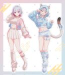  2girls ;d alternate_costume animal_ear_fluff animal_ears animal_hood aqua_eyes belt blue_border blue_bow blue_eyes blue_hood blue_pupils blue_ribbon blush border bow cat_ears cat_girl cat_hood cat_tail cipher_(honkai:_star_rail) closed_mouth colored_inner_hair commentary_request crop_top full_body grey_hair hair_between_eyes hair_ornament hairclip highres honkai:_star_rail honkai_(series) hood hood_up jacket long_sleeves medium_hair midriff multicolored_hair multicolored_tail multiple_girls navel one_eye_closed open_mouth pochimaru_(marumaru_wanwan) red_hair ribbon shirt shoes short_hair shorts simple_background skirt smile standing streaked_hair sweater_jacket tail thighhighs topaz_(honkai:_star_rail) white_hair white_shirt white_shoes white_shorts white_skirt white_thighhighs 