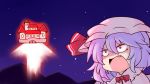  1girl 216 bow commentary_request constricted_pupils fang flying hair_between_eyes hat hat_bow mob_cap mountainous_horizon open_mouth outdoors purple_hair red_eyes red_neckwear remilia_scarlet rocket scarlet_devil_mansion short_hair sky solo star_(sky) starry_sky touhou v-shaped_eyebrows 