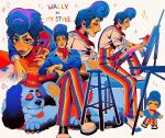  1boy blue_hair colored_skin crossed_legs imleesan looking_at_viewer male_focus multicolored_pants pants phone pompadour simple_background sitting solo wally_darling welcome_home_(arg) white_background yellow_skin 