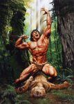 ambiguous_gender angry ape black_hair blood bodily_fluids bottomwear clothed clothing death duo edgar_rice_burroughs felid feline feral fur hair haplorhine human jungle_background killing knife leopard_spots loincloth male mammal muscular muscular_male pantherine pawpads primate rage_face spots tarzan_(character) tiger traditional_media_(artwork) underwear underwear_only unknown_artist vein whiskers white_whiskers yellow_body yellow_fur