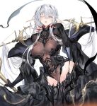  1girl absurdly_long_hair absurdres aiii_(warship_girls_r) arm_up black_dress black_shawl blush bodice breasts cleavage collar convenient_censoring cowboy_shot dress frilled_skirt frills hair_intakes highres holding large_breasts long_hair looking_at_viewer one_eye_closed orange_eyes parted_lips see-through_cleavage see-through_clothes shawl shiny_skin sketch skirt spiked_collar spikes star-shaped_pupils star_(symbol) symbol-shaped_pupils teeth thighs very_long_hair warship_girls_r white_background white_hair xiangchizhubijin 