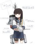  1girl 4me_4ma adapted_turret bangs black_hair blue_sailor_collar blue_skirt blunt_bangs brown_eyes cannon character_name collared_shirt commentary_request cowboy_shot hatsuyuki_(kantai_collection) headset highres hime_cut kantai_collection long_hair looking_to_the_side machinery neckerchief pleated_skirt sailor_collar school_uniform serafuku shirt simple_background skirt smokestack solo standing translation_request turret white_background 