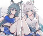  2girls alternate_costume animal_ears breasts feixiao_(honkai:_star_rail) fud green_hair hand_on_another&#039;s_thigh highres honkai:_star_rail honkai_(series) long_hair medium_breasts multiple_girls shorts simple_background sportswear spread_legs very_long_hair white_background white_hair yukong_(honkai:_star_rail) yuri 