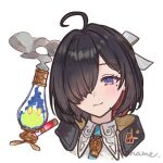  1girl ahoge atelier_(series) atelier_yumia blush flammi_(atelier) hair_ornament hairclip hanachocolate30 highres light_smile mole mole_under_eye one_eye_covered portrait smoke yumia_liessfeldt 