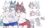  alternate_costume animal_ears breasts feixiao_(honkai:_star_rail) fud green_hair honkai:_star_rail honkai_(series) long_hair medium_breasts multiple_girls see-through_clothes shorts simple_background sports_bra sportswear tail tingyun_(honkai:_star_rail) very_long_hair white_background white_hair yukong_(honkai:_star_rail) yuri 
