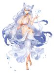  1girl absurdres animal_ears apt bangs breasts choker cleavage commission earrings eyebrows_visible_through_hair hair_between_eyes highres jewelry large_breasts long_hair navel original revealing_clothes sandals silver_hair solo very_long_hair white_background yellow_eyes 