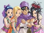  1boy 3girls :d aqua_dress bianca_(dq5) black_eyes black_hair blonde_hair blue_eyes blue_hair blunt_bangs bow bracelet braid breasts cape commentary_request deborah_(dq5) dragon_quest dragon_quest_v dress earrings flora_(dq5) flower fur_shawl gold_bracelet gold_earrings gold_necklace gradient_background hair_bow hair_flower hair_ornament hair_pulled_back hand_on_another&#039;s_arm hand_on_another&#039;s_shoulder hero_(dq5) highres hoop_earrings jewelry long_hair looking_at_viewer medium_breasts metal_hair_tubes mole mole_under_eye multiple_girls muscular muscular_male necklace one-shoulder_tunic open_mouth orange_cape pink_dress purple_bow purple_cape purple_eyes purple_turban red_flower red_rose red_trim rose shawl siblings side_part single-shoulder_dress single_braid sisters smile sphere_earrings tunic turban updo upper_body white_tunic yuto_sakurai 