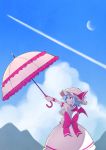  1girl asameshi back_bow bat_wings blue_hair bow cloud commentary cowboy_shot grin hat hat_ribbon highres holding holding_umbrella mob_cap moon mountainous_horizon outdoors outstretched_arm pink_headwear pink_shirt pink_skirt pink_umbrella pointy_ears red_bow red_eyes red_ribbon remilia_scarlet ribbon shirt short_hair skirt smile solo touhou umbrella wings wrist_cuffs 