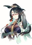  1girl absurdres black_hair breasts colored_inner_hair genshin_impact glasses gloves green_hair grey_eyes hair_ornament highres jewelry large_breasts long_hair looking_at_viewer multicolored_hair ponytail red-framed_eyewear semi-rimless_eyewear solo tassel two-tone_hair very_long_hair watercolor_effect xiangchizhubijin xianyun_(genshin_impact) 