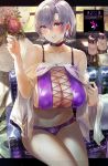  1girl alternate_costume aqua_nails azur_lane bangs bare_shoulders bikini black_choker blush bottle breasts chair choker cleavage commentary_request earrings flower highres jewelry large_breasts looking_at_viewer parted_lips purple_bikini purple_eyes reno_(azur_lane) see-through short_hair signo_aaa silver_hair sitting sweat swimsuit thighs window 