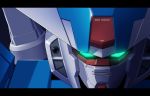  aqua_eyes beam_saber border close-up earthree_gundam g.yamamoto glowing glowing_eyes gundam gundam_build_divers gundam_build_divers_re:rise highres holstered_weapon mecha no_humans science_fiction solo 