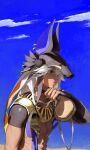  1boy abs absurdres animal_ears b:ga biceps blue_sky closed_mouth clothing_cutout cloud cyno_(genshin_impact) dark-skinned_male dark_skin drink fox_boy fox_ears from_side genshin_impact gloves hair_over_one_eye hat highres holding holding_drink jewelry long_hair male_focus sand_dune sky solo stomach_cutout white_hair wiping_face yellow_eyes 