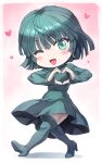  1girl aged_down blush blush_stickers boots chibi dress fubuki_(one-punch_man) full_body green_eyes green_hair heart heart_hands high_heel_boots high_heels highres looking_at_viewer mogudan one-punch_man one_eye_closed parody short_hair shukusei!!_loli-kami_requiem smile thigh_boots thighhighs 