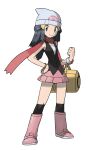  1girl absurdres bag bangle bare_arms beanie black_shirt black_socks blue_eyes blue_hair boots bracelet breasts dawn_(pokemon) duffel_bag full_body hand_on_own_hip hat highres jewelry knee_boots kneehighs knees knit_hat layered_clothes legs_apart long_hair looking_at_viewer official_art over-kneehighs pink_boots pokemon pokemon_dppt print_headwear red_scarf scarf shirt sidelocks simple_background skirt sleeveless sleeveless_shirt small_breasts smile socks solo source_request standing sugimori_ken tachi-e thighhighs thighs third-party_source white_background white_hat yellow_bag 