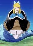  :d alps_no_shoujo_heidi black_neckwear black_ribbon blonde_hair blue_bow blue_dress blue_eyes bow commentary_request day dragon_ball dragon_ball_z dress floating frieza hair_bow klara_sesemann long_hair long_sleeves looking_at_viewer mountain neck_ribbon open_mouth outdoors parody ribbon sakkan smile 