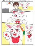 alarmed animate_inanimate anthro apron apron_only brown_hair carrot clothing comic duo eyewear fan_character female food fur glasses hair heart_symbol hi_res human human_to_anthro lagomorph leporid living_clothing male mammal neck_bow neck_tuft plant rabbit rabbit_ears red_apron red_clothing red_eyes species_transformation starry_eyes transformation tuft unknown_artist vegetable white_body white_fur