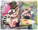  2girls alternate_breast_size bare_arms bare_shoulders black_dress black_hair black_jumpsuit bow-shaped_hair breasts callie_(splatoon) callie_(squid_sisters_outfit)_(splatoon) cleavage collarbone commentary_request cousins detached_collar dress earrings fangs gloves gonzarez gradient_hair grey_hair half_updo highres hoop_earrings inkling jewelry jumpsuit large_breasts marie_(splatoon) marie_(squid_sisters_outfit)_(splatoon) mole mole_under_eye multicolored_hair multiple_girls one_eye_closed pointy_ears short_dress short_jumpsuit splatoon_(series) splatoon_1 strapless strapless_dress swept_bangs tentacle_hair thick_eyebrows twintails waving white_gloves yellow_eyes 