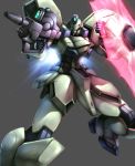  absurdres beam_rifle blue_eyes clenched_hands energy_gun energy_shield grey_background gun gun-ez gundam haganef highres holding holding_gun holding_weapon looking_to_the_side mecha no_humans solo victory_gundam weapon 