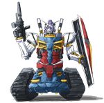  caterpillar_tracks commentary_request full_body ganma_(nicoseiga52595768) gun gundam gundam_0079_the_war_for_earth gundam_gquuuuuux gundam_tank holding holding_gun holding_shield holding_weapon looking_at_viewer mecha mecha_focus no_humans robot science_fiction shield simple_background weapon weapon_on_back white_background white_gundam 