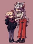  2girls adapted_costume adjusting_another&#039;s_clothes awa_(bihidasu) bangs beige_sweater black_footwear black_hoodie blonde_hair bow breasts brown_footwear brown_legwear closed_eyes commentary fujiwara_no_mokou full_body grey_hair hair_bow hair_ribbon hand_in_pocket hand_up high_tops hood hoodie long_hair long_sleeves looking_at_viewer medium_breasts multiple_girls open_mouth panties pantyhose pink_background red_bow red_eyes red_panties red_ribbon red_scarf ribbed_sweater ribbon rumia scarf shoes short_hair simple_background smile suspenders sweater symbol_commentary touhou turtleneck underwear white_bow 