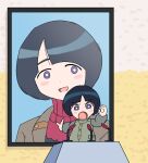  1boy 1girl :d angry arumike_(arumi) black_hair blue_eyes blush_stickers child clenched_hand commentary_request green_jacket green_shirt gundam gundam_gquuuuuux hand_up highres iei jacket looking_ahead microphone mobile_suit_gundam mother_and_son open_mouth podium red_shirt scene_reference shiiko_sugai shirt short_hair smile turtleneck 