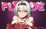  1girl black_hairband blush commentary cosplay crossover english_commentary firefly_(honkai:_star_rail) grey_hair hairband heart heart_hands heta highres honkai:_star_rail honkai_(series) long_hair miside mita_(miside) mita_(miside)_(cosplay) off_shoulder pink_eyes red_sweater smile solo sweater 