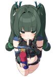  1girl absurdres bare_shoulders black_gloves black_shorts blue_vest blush braid breasts choker cropped_vest elbow_gloves fingerless_gloves gloves green_eyes green_hair hair_ribbon highres long_hair looking_at_viewer navel police police_uniform qingyi_(zenless_zone_zero) ribbon short_shorts shorts sidelocks small_breasts solo thermos thighs twin_braids twintails vest w.k zenless_zone_zero 