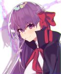  1girl bangs bb_(fate)_(all) bb_(fate/extra_ccc) black_coat breasts chip_le_cree coat fate/extra fate/extra_ccc fate_(series) hair_ribbon highres large_breasts long_hair long_sleeves neck_ribbon open_clothes open_coat popped_collar purple_eyes purple_hair red_ribbon ribbon very_long_hair 