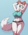 2025 accessory anthro arm_tuft belt big_breasts bird_dog blue_eyes blush bottomless bow_ribbon breasts butt butt_from_the_front canid canine canis centered_hair_bow clothed clothing crotch_tuft domestic_dog elbow_tuft eyebrows fay_(star_fox) female fur genitals hair_accessory hair_bow hair_ribbon hands_behind_head hi_res hunting_dog innie_pussy mammal mcfli navel nintendo nipple_outline pussy ribbons shirt solo spaniel star_fox thigh_gap topwear tuft white_body white_fur wide_hips