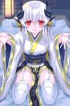  1girl dragon_girl dragon_horns fate/grand_order fate_(series) futon garter_straps highres horns indoors japanese_clothes kimono kiyohime_(fate/grand_order) long_hair looking_at_viewer morizono_shiki multiple_horns obi pelvic_curtain red_eyes sash seiza sitting solo thighhighs white_hair white_kimono white_legwear wide_sleeves 