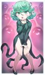  1girl black_dress black_shoes blush curly_hair dress full_body green_eyes green_hair highres long_sleeves looking_at_viewer mogudan one-punch_man parody pelvic_curtain shoes short_hair shukusei!!_loli-kami_requiem smile solo tatsumaki thighs 