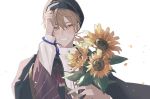  1boy bangs bead_bracelet beads black_jacket bracelet flower fushimi_gaku hair_between_eyes hand_on_headwear hat highres holding holding_flower jacket jewelry light_brown_hair long_sleeves male_focus nijisanji petals poi_poifu solo sunflower tassel upper_body virtual_youtuber yellow_eyes 