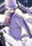  1boy bangs bird brown_hair cape commentary cowboy_shot dove feathers formal gloves hand_up hat highres jacket kaitou_kid kyuu_(chiu850513) long_sleeves magic_kaito male_focus meitantei_conan monocle necktie night outdoors pants red_neckwear short_hair smile solo suit top_hat white_cape white_feathers white_gloves white_headwear white_jacket white_pants white_suit 