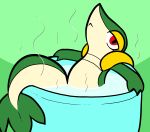  2020 aliasing ambiguous_gender bathing beverage black_pupils cup digital_media_(artwork) emanata feral green_background green_body green_scales hi_res leaf_tail multicolored_body multicolored_scales nintendo pok&eacute;mon pok&eacute;mon_(species) pupils red_eyes scales simple_background snivy solo steam tan_body tan_scales tea trout_(artist) video_games yellow_body yellow_scales 